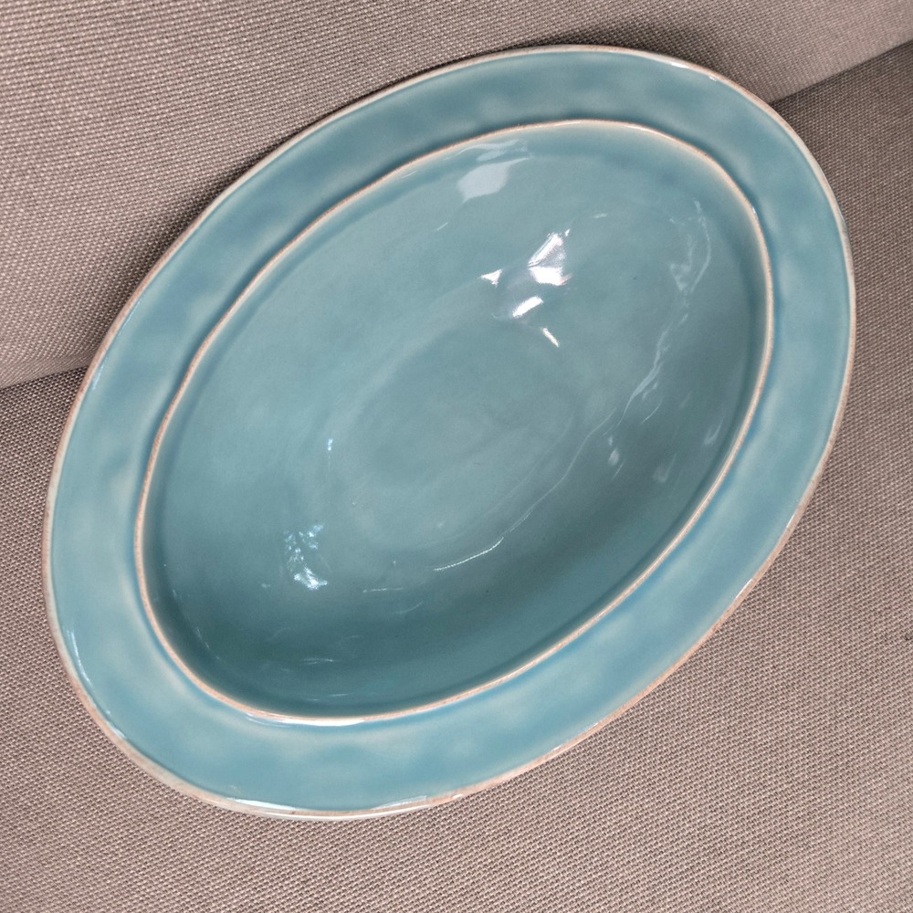 Pottery Barn Cambria Serving Bowl Turquoise 14in Oval Stoneware Portugal Coastal